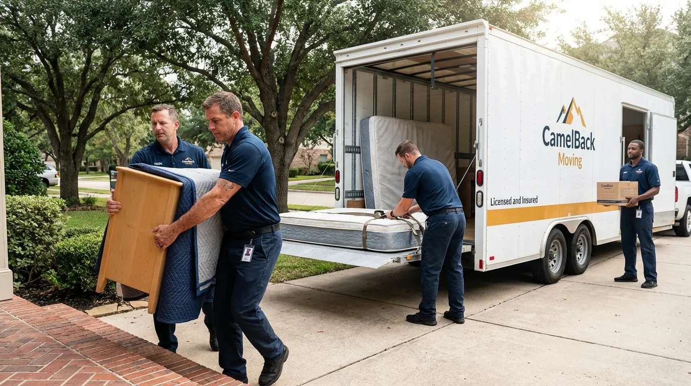 Crew loading residential truck for cross-state move from South Pasadena, CA