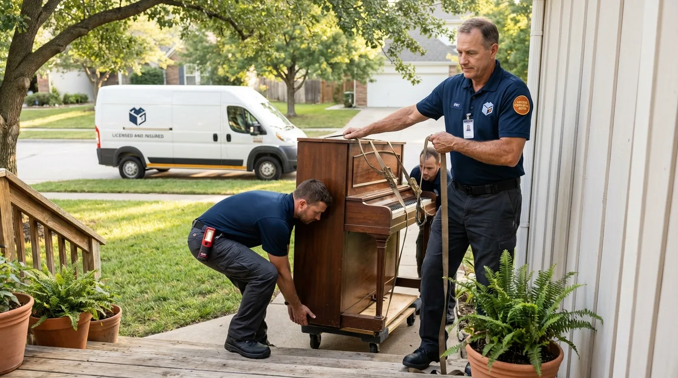 Licensed piano movers securing grand piano in South Pasadena, CA