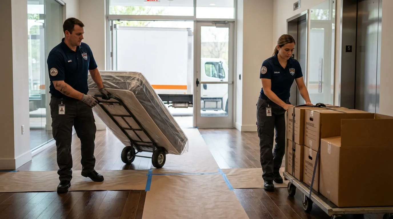 Professional apartment movers loading elevator in South Pasadena, CA