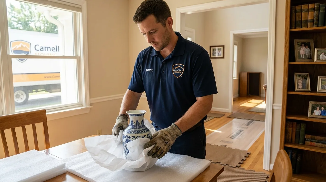 Professional crew carefully wrapping antique vase for senior downsizing move in South Pasadena, CA